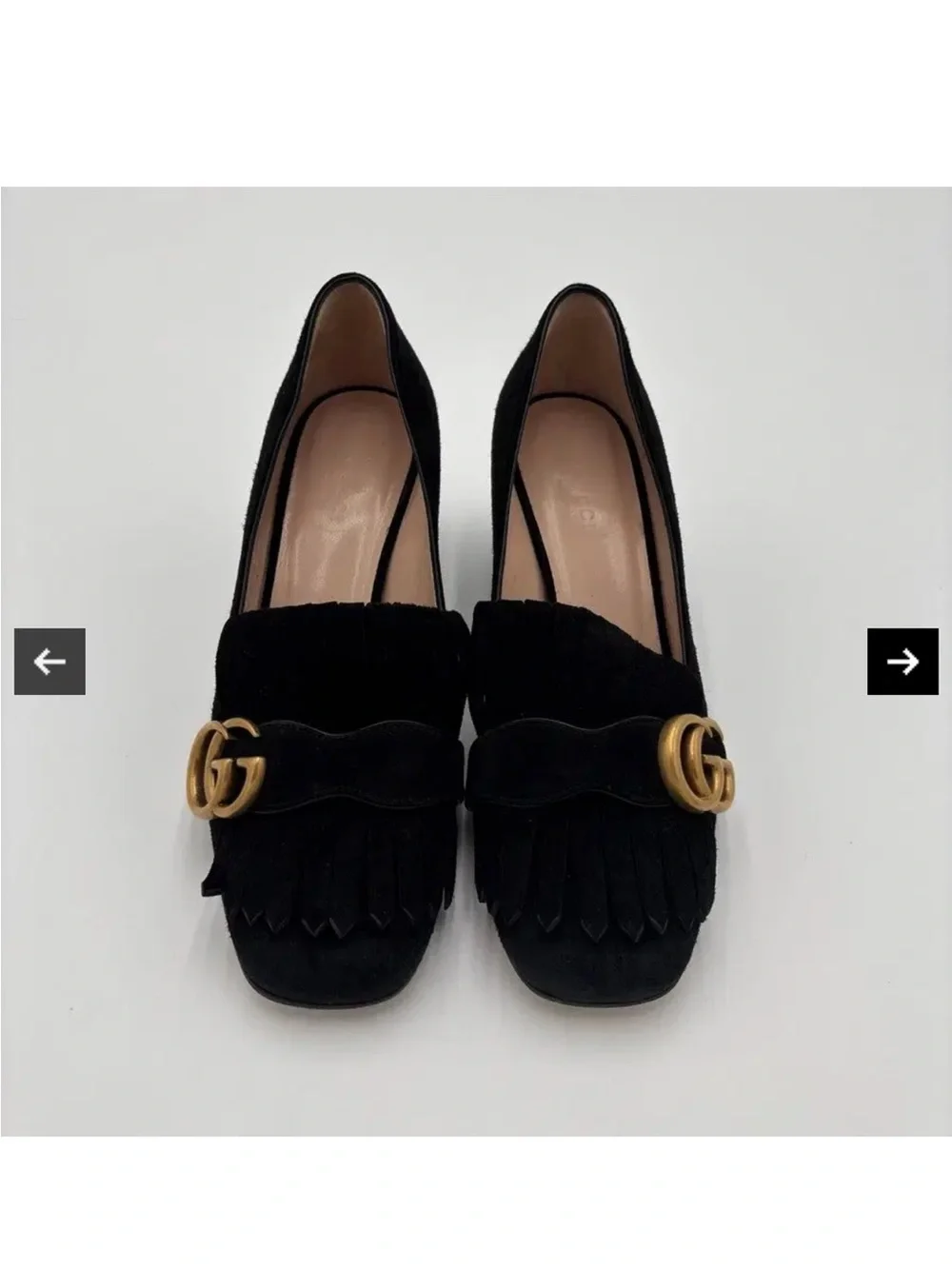 Gucci Black Suede Marmont Fringe Block Heel Loafers with Gold GG in Sz 38 1/2